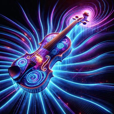 The primary subject of the image is a violin, which is the main object, scene, or focus of the image. The violin is placed in a purple and blue swirling background, creating a visually striking and vibrant scene. The visual style of the image is digital art, as it appears to be a digital illustration or drawing. The dominant colors in the image are purple and blue, giving the scene a lively and energetic atmosphere.